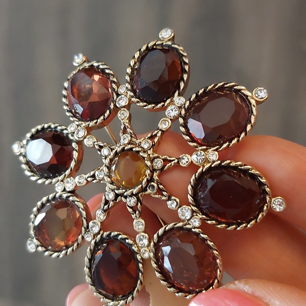 Monet Gold and Brown Crystal Vintage Brooch